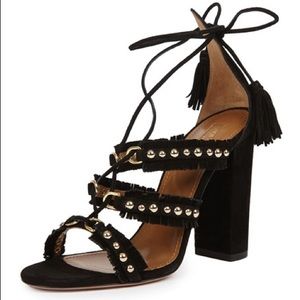 Aquazzura Tulum Fringed Suede Sandal, Black